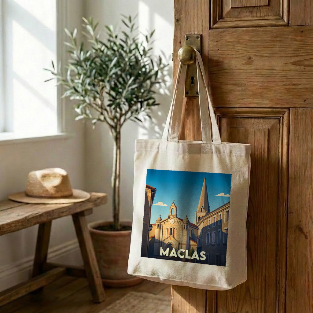 Tote bag souvenir de la ville de Maclas avec une illustration stylisée.