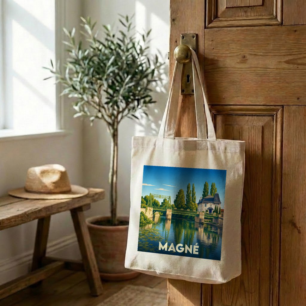 Tote bag souvenir de la ville de Magné avec une illustration stylisée d'un pont et d'une maison au bord de l'eau.
