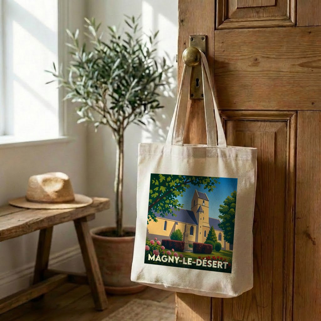 Tote bag souvenir de la ville de Magny-le-Désert avec une illustration stylisée de son église.