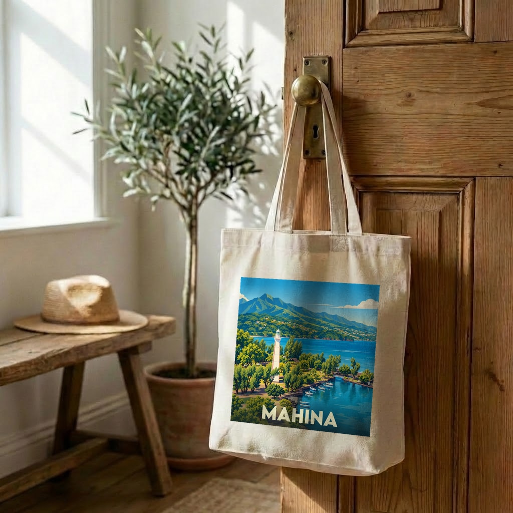Tote bag souvenir de la ville de Mahina orné d'une illustration stylisée de son phare et de sa côte.