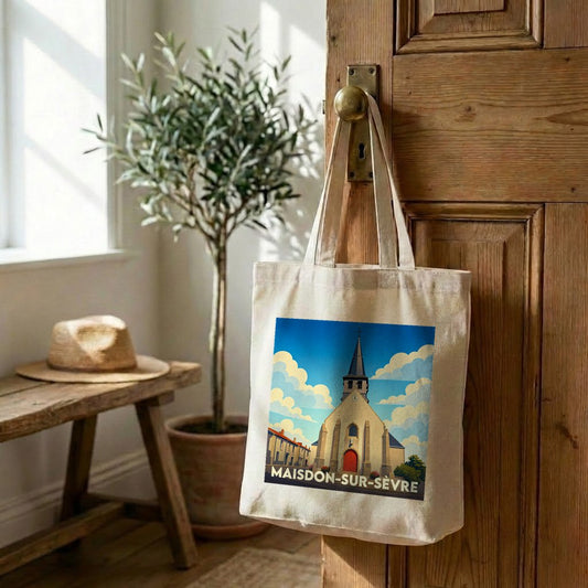 Tote bag souvenir de la ville de Maisdon-sur-Sèvre avec une illustration stylisée de son église.