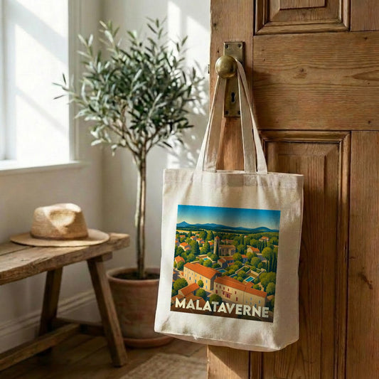 Tote bag souvenir de la ville de Malataverne avec une illustration colorée et stylisée.