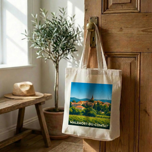 Tote bag souvenir de la ville de Malemort-du-Comtat avec une illustration stylisée.