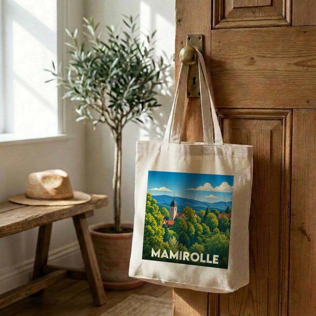 Tote bag souvenir de la ville de Mamirolle avec une illustration paysagère stylisée.