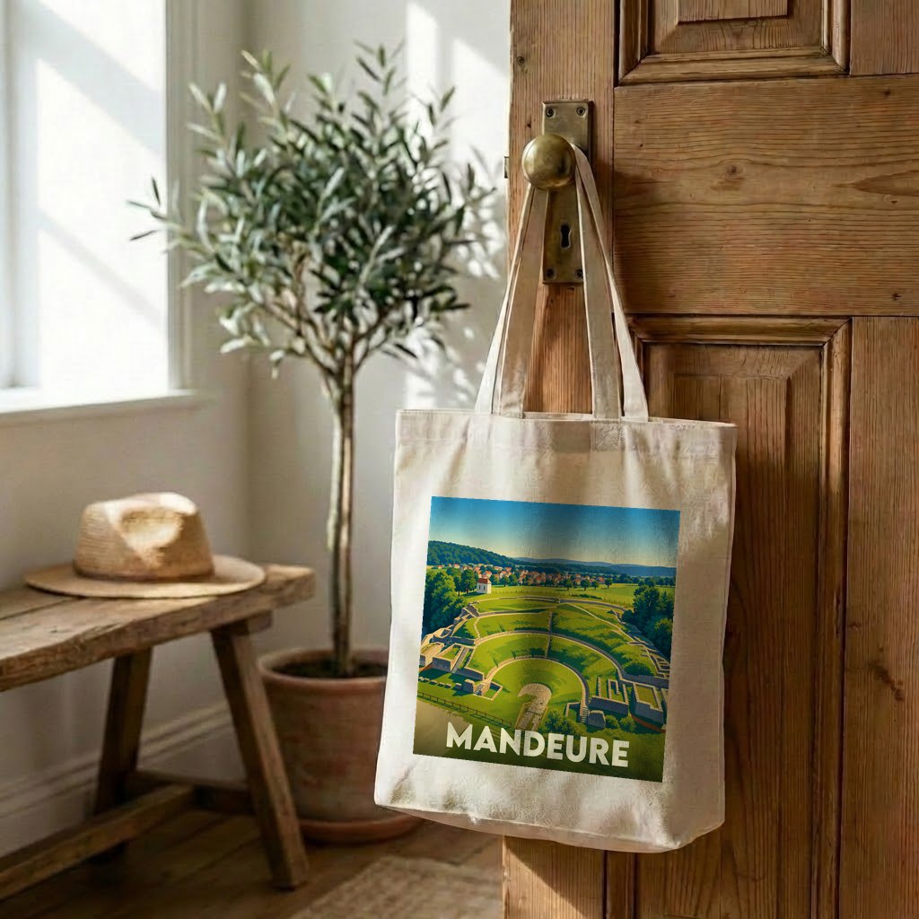 Tote bag souvenir de la ville de Mandeure orné d'une illustration stylisée de son théâtre antique.