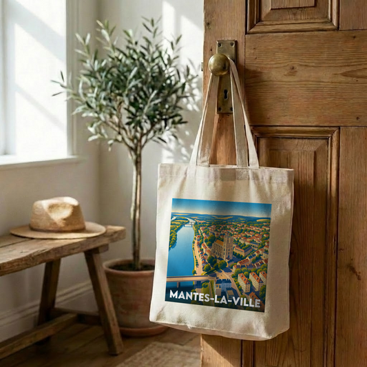 Tote bag souvenir de la ville de Mantes-la-Ville avec une illustration stylisée et colorée.