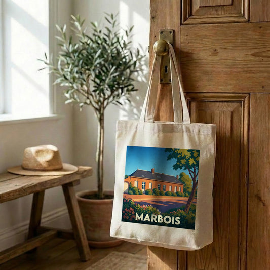 Tote bag souvenir de la ville de Marbois avec une illustration stylisée.