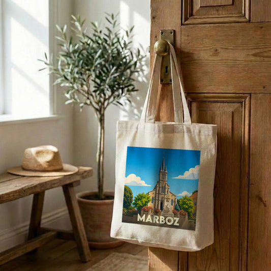 Tote bag souvenir de la ville de Marboz avec une illustration stylisée de son église.