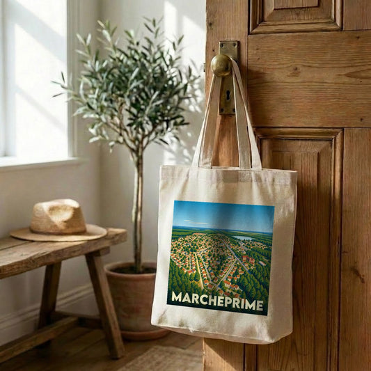 Tote bag souvenir de la ville de Marcheprime avec une illustration aérienne colorée.