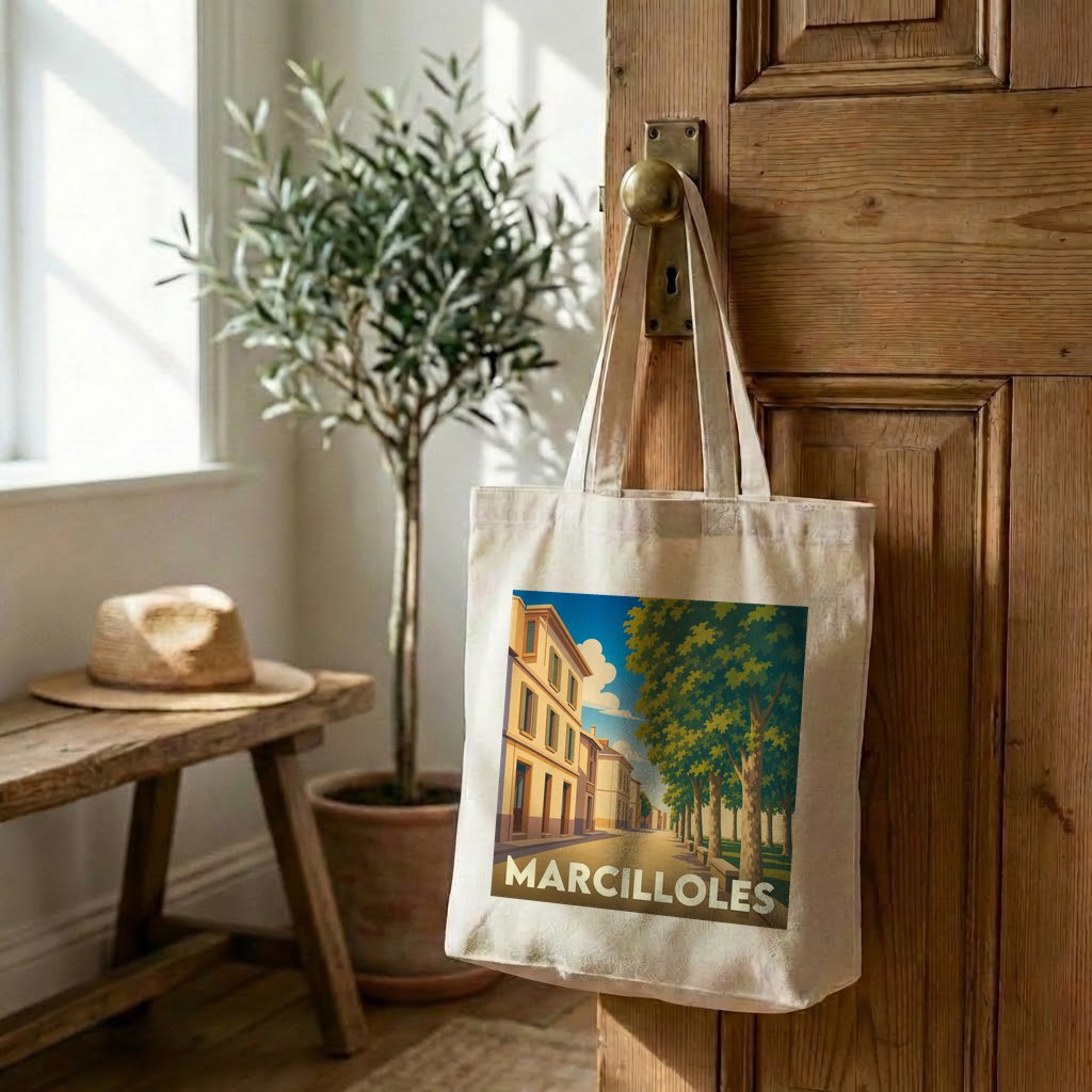 Tote bag souvenir de la ville de Marcilloles avec une illustration stylisée d'une rue arborée.