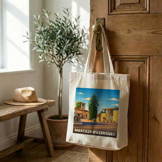 Tote bag souvenir de la ville de Marcilly-d'Azergues avec une illustration stylisée.