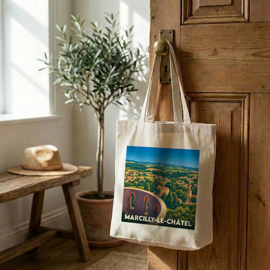 Tote bag souvenir de la ville de Marcilly-le-Châtel avec une illustration stylisée de son paysage.