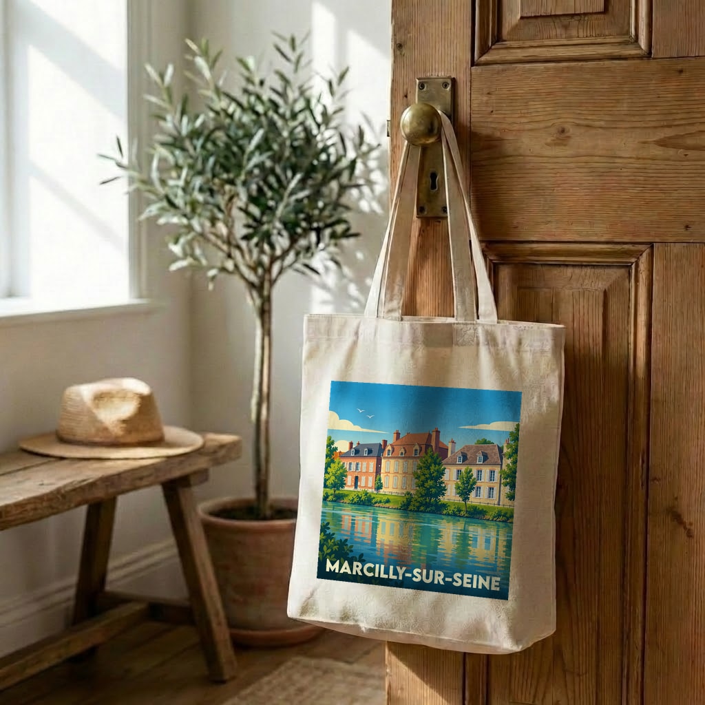 Tote bag souvenir de la ville de Marcilly-sur-Seine avec une illustration stylisée.