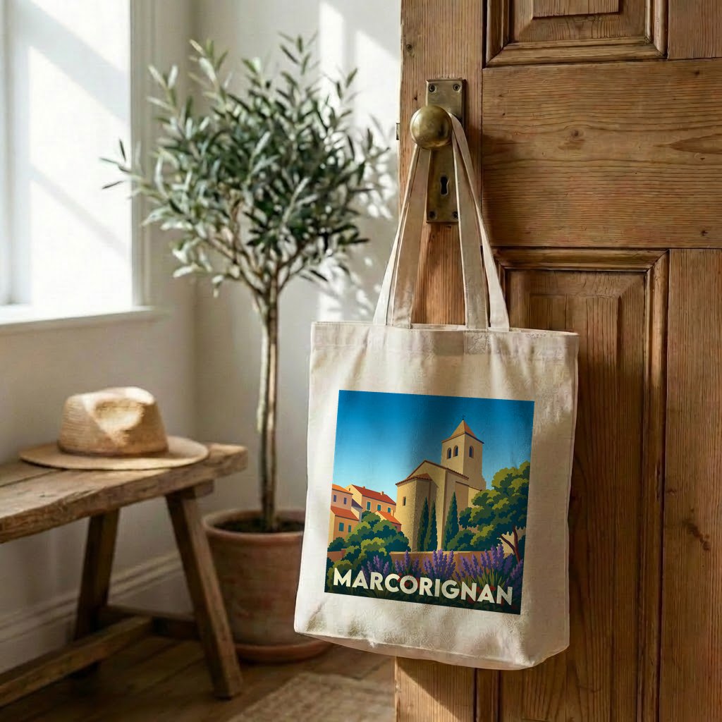 Tote bag souvenir de la ville de Marcorignan avec une illustration stylisée.
