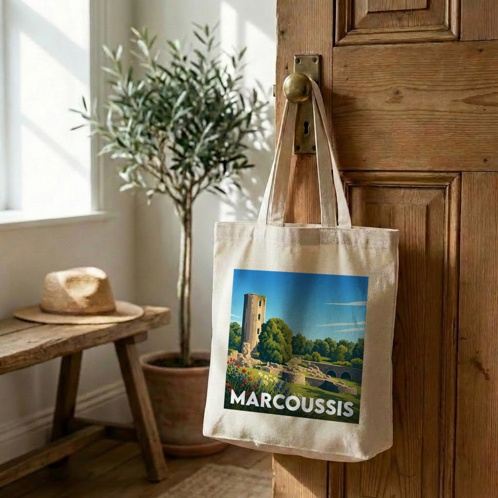 Tote bag souvenir de la ville de Marcoussis avec une illustration stylisée de son patrimoine.