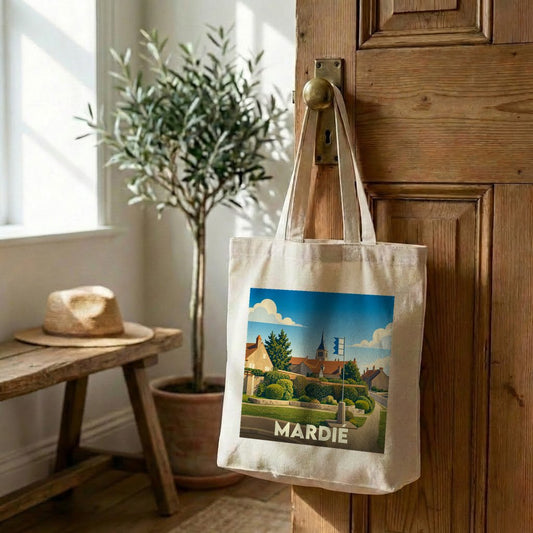 Tote bag souvenir de la ville de Mardié avec une illustration stylisée.