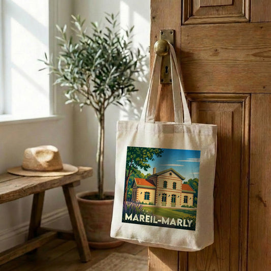 Tote bag souvenir de la ville de Mareil-Marly avec une illustration stylisée d'une bâtisse historique.