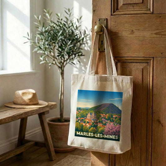 Tote bag souvenir de la ville de Marles-les-Mines avec une illustration stylisée.