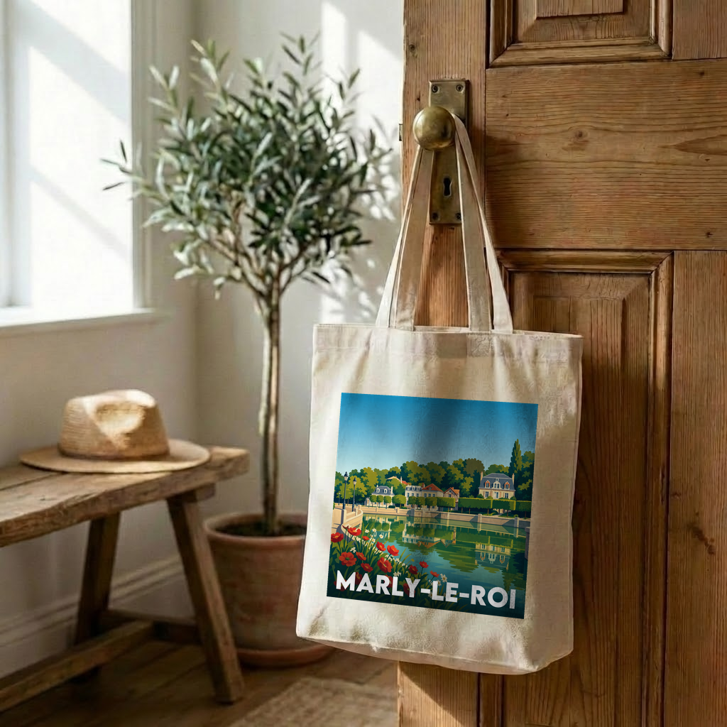 Tote bag souvenir de la ville de Marly-le-Roi avec une illustration stylisée d'un paysage au bord de l'eau.