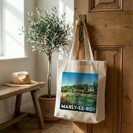 Tote bag souvenir de la ville de Marly-le-Roi avec une illustration stylisée d'un paysage au bord de l'eau.