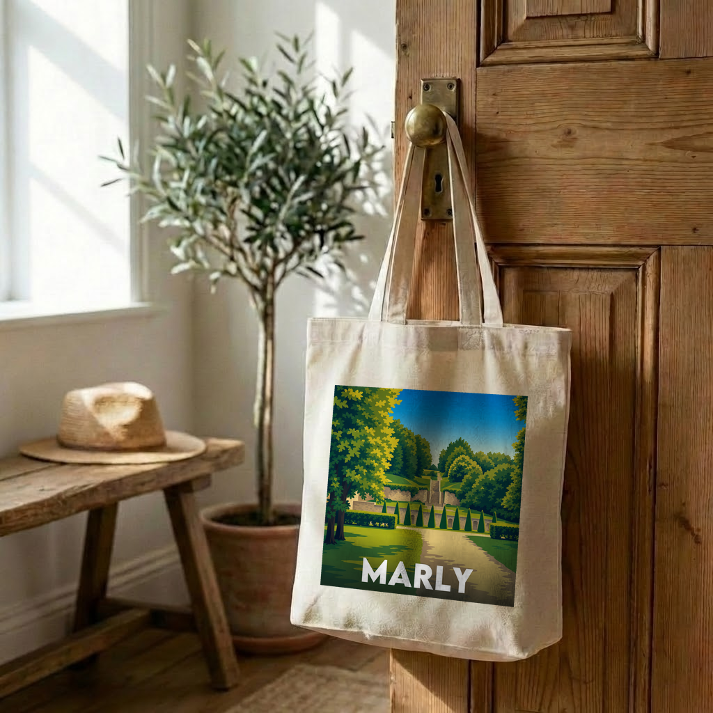 Tote bag souvenir de la ville de Marly avec une illustration stylisée.