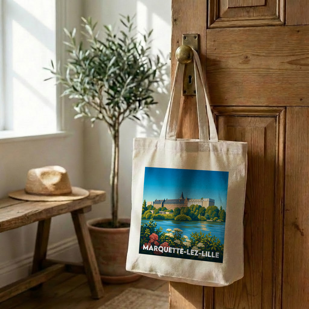 Tote bag souvenir de la ville de Marquette-lez-Lille avec une illustration stylisée.