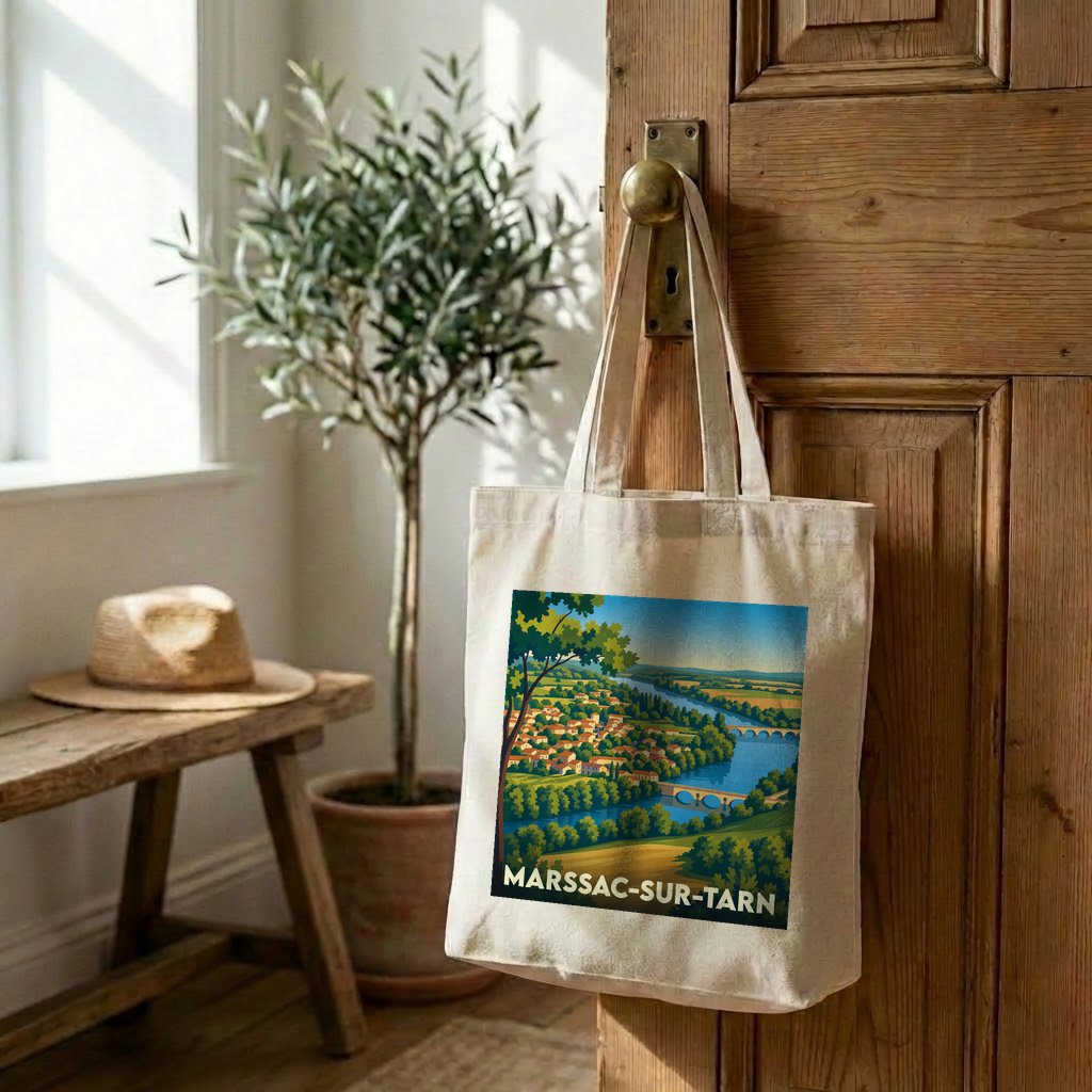 Tote bag souvenir de la ville de Marssac-sur-Tarn avec une illustration paysagère stylisée.