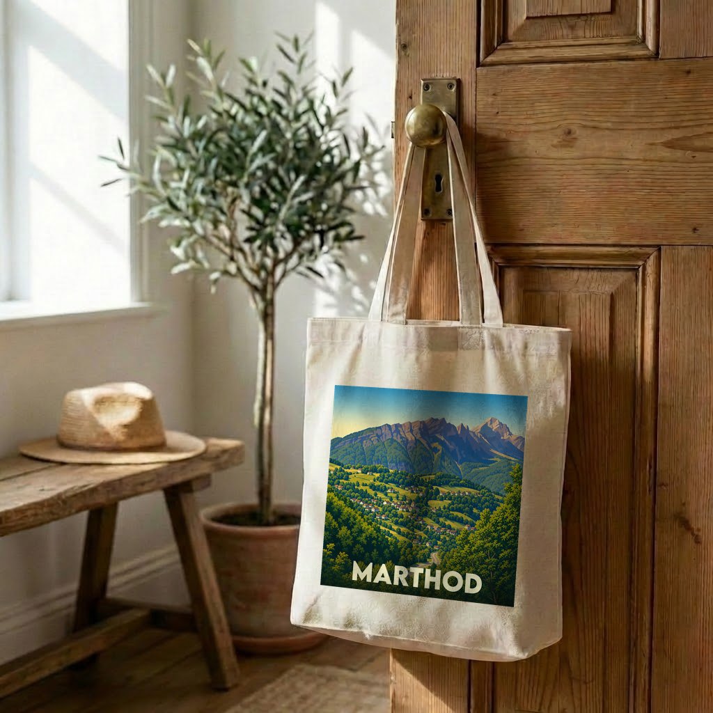 Tote bag souvenir de la ville de Marthod avec une illustration stylisée de paysages montagneux.