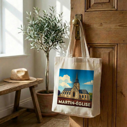 Tote bag souvenir de la ville de Martin-Église avec une illustration stylisée de son église.