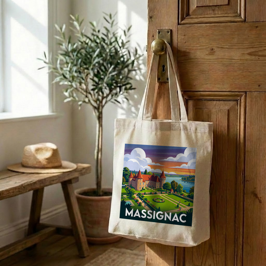 Tote bag souvenir de la ville de Massignac avec une illustration stylisée d'un château et de ses jardins.