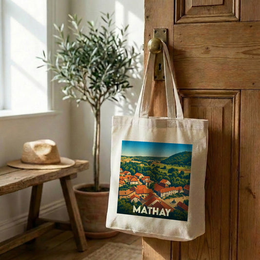 Tote bag souvenir de la ville de Mathay avec une illustration paysagère stylisée.
