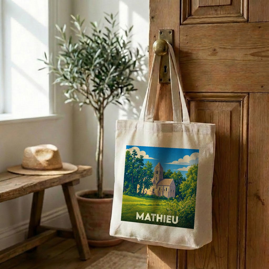 Tote bag souvenir de la ville de Mathieu avec une illustration stylisée.