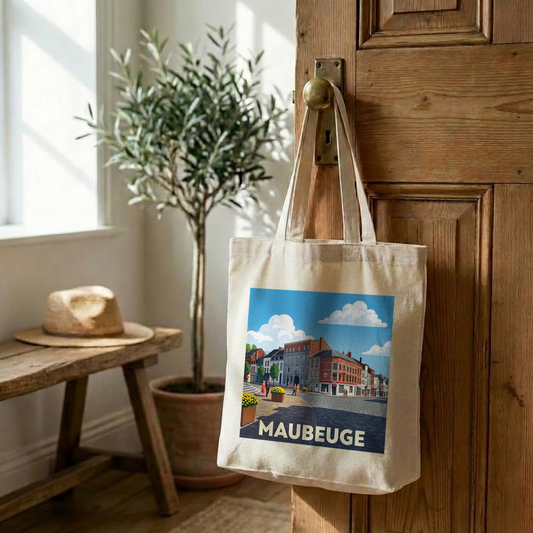 Tote bag souvenir de la ville de Maubeuge avec une illustration stylisée.