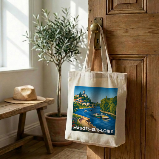 Tote bag souvenir de la ville de Mauges-sur-Loire avec une illustration stylisée.