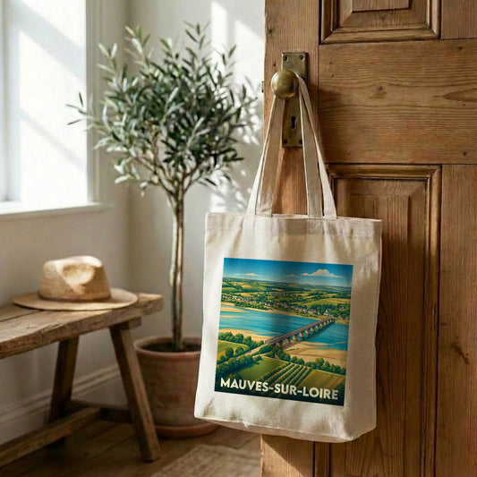 Tote bag souvenir de la ville de Mauves-sur-Loire avec une illustration stylisée.