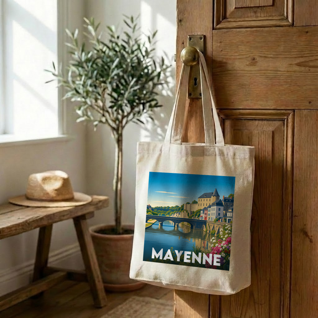 Tote bag souvenir de la ville de Mayenne avec une illustration stylisée de son paysage urbain au bord de l'eau.