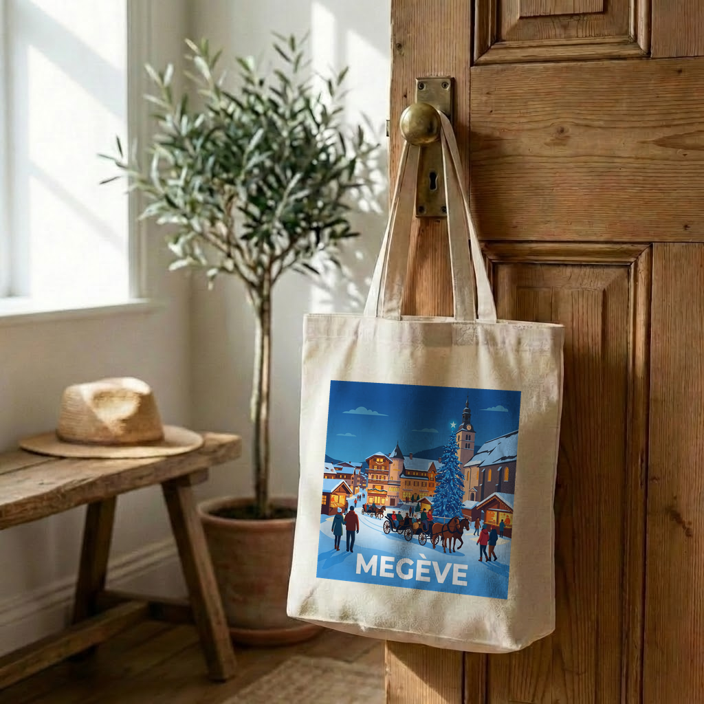 Tote bag souvenir de la ville de Megève avec une illustration stylisée de son centre-ville en hiver.