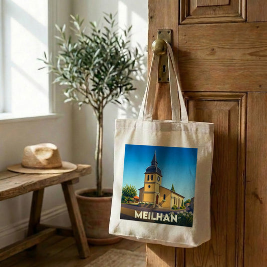 Tote bag souvenir de la ville de Meilhan avec une illustration stylisée de son église.
