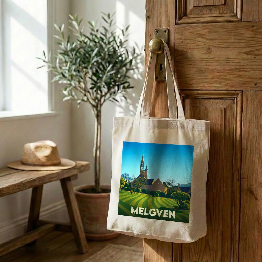 Tote bag souvenir de la ville de Melgven avec une illustration stylisée.