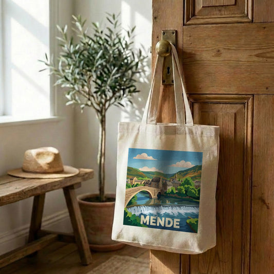 Tote bag souvenir de la ville de Mende avec une illustration stylisée de son pont et de ses paysages.
