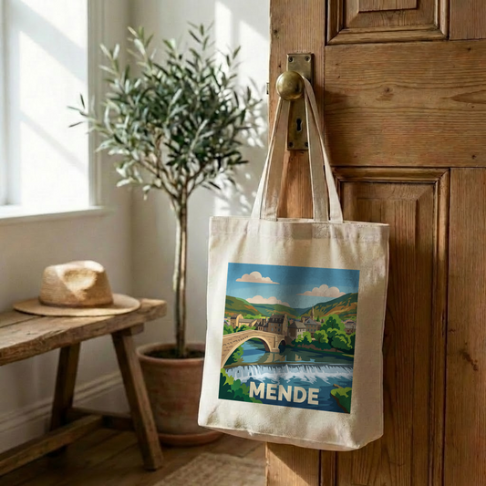 Tote bag souvenir de la ville de Mende avec une illustration stylisée de son pont et de ses paysages.