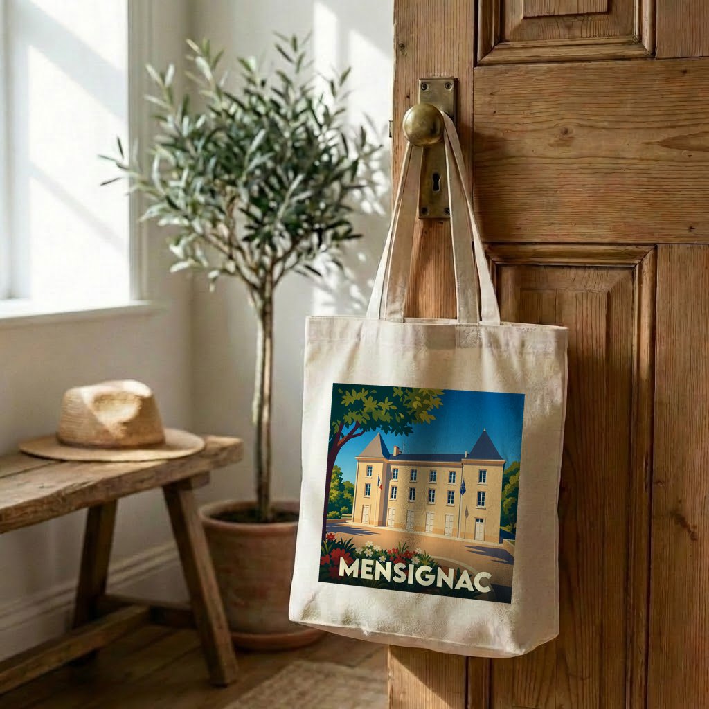 Tote bag souvenir de la ville de Mensignac orné d'une illustration stylisée de sa mairie.
