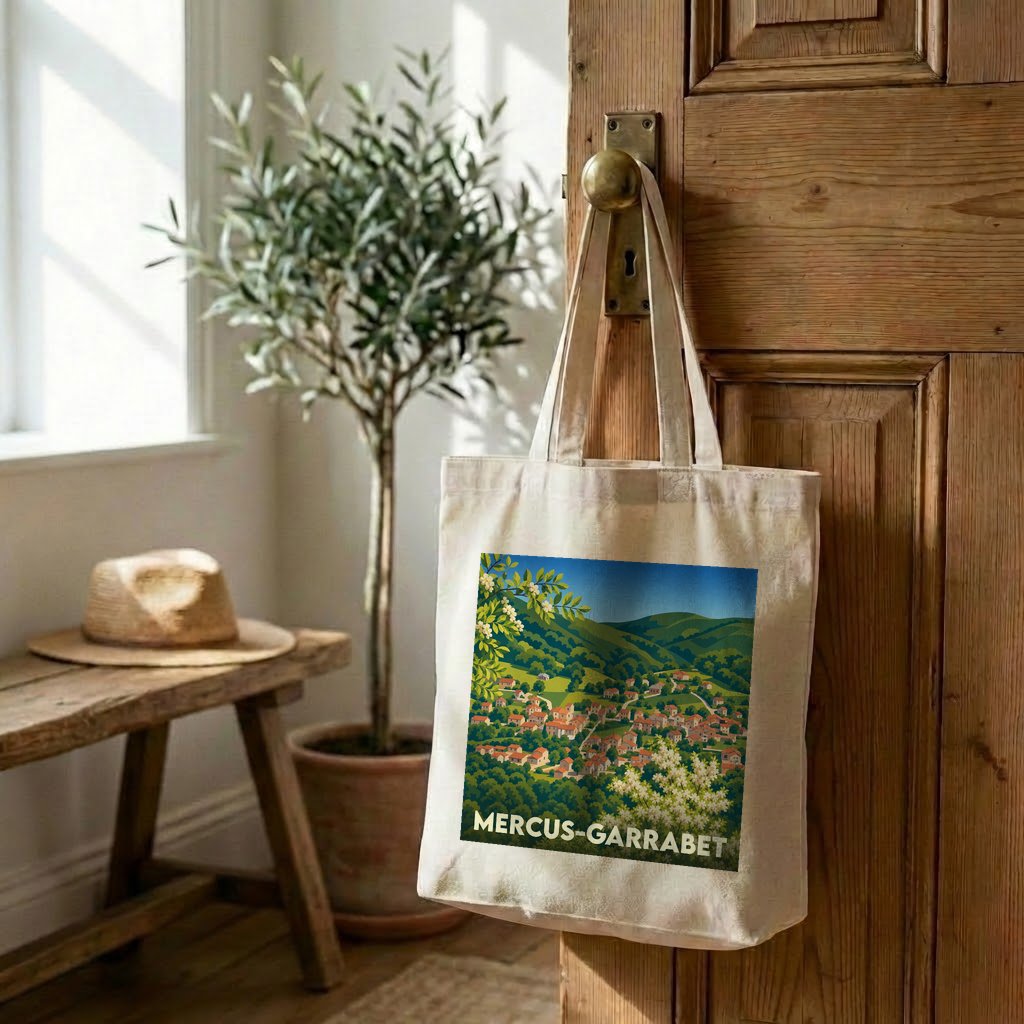 Sac fourre-tout (tote bag) souvenir de la ville de Mercus-Garrabet avec une illustration stylisée.