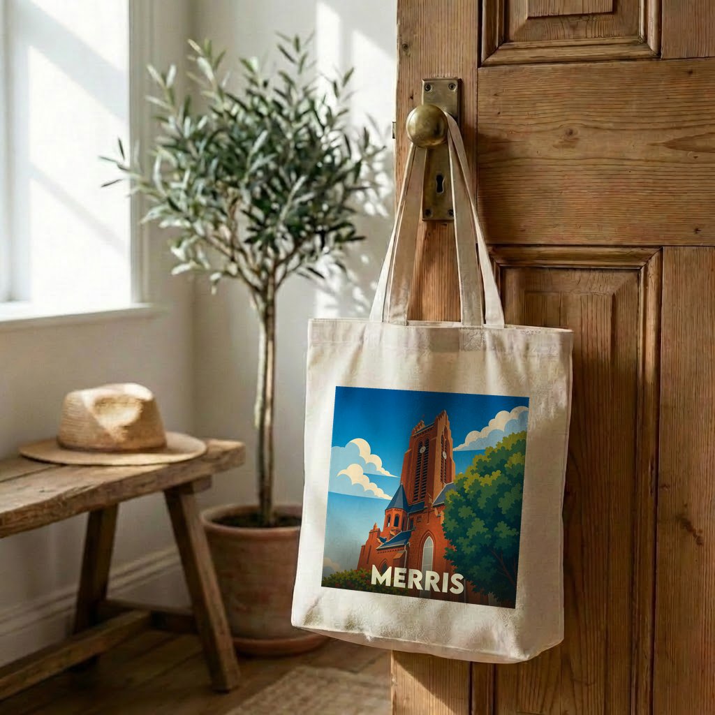 Tote bag souvenir de la ville de Merris avec une illustration stylisée.