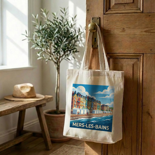 Tote bag souvenir de la ville de Mers-les-Bains avec une illustration colorée de son front de mer.
