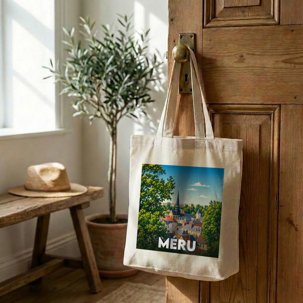 Tote bag souvenir de la ville de Méru avec une illustration stylisée.