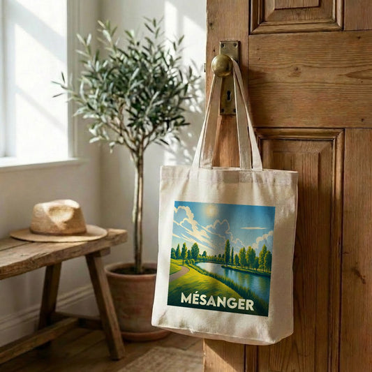 Tote bag souvenir de la ville de Mésanger avec une illustration de paysage champêtre.