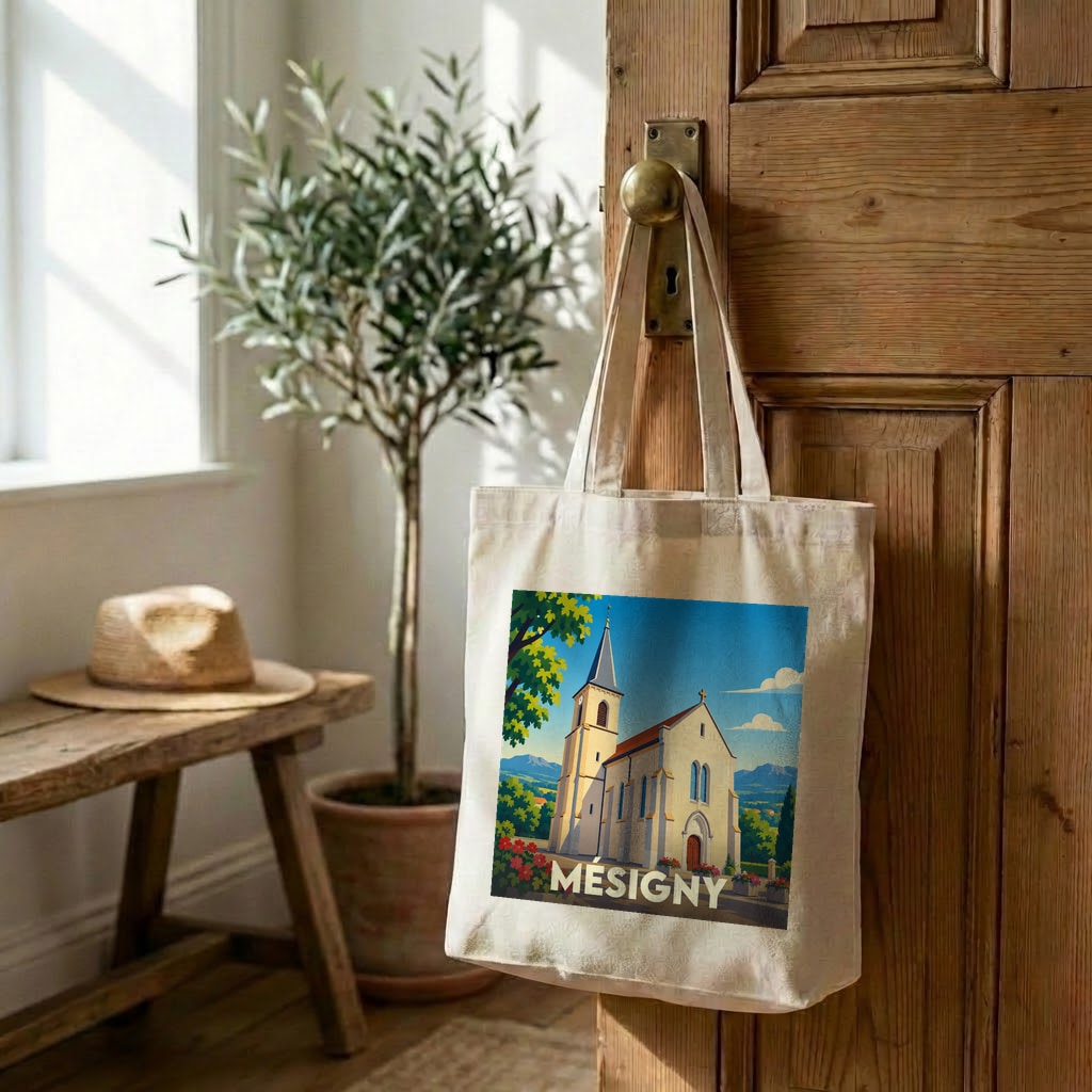 Tote bag souvenir de la ville de Mésigny avec une illustration stylisée de son église.