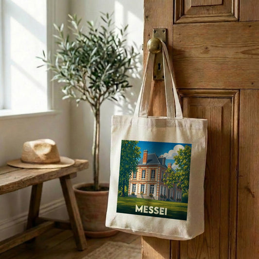 Tote bag souvenir de la ville de Messei avec une illustration stylisée.