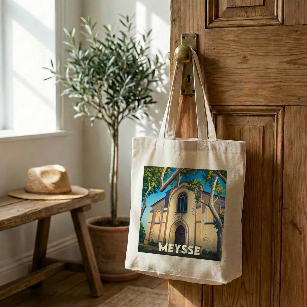 Tote bag souvenir de la ville de Meysse avec une illustration stylisée de son église.